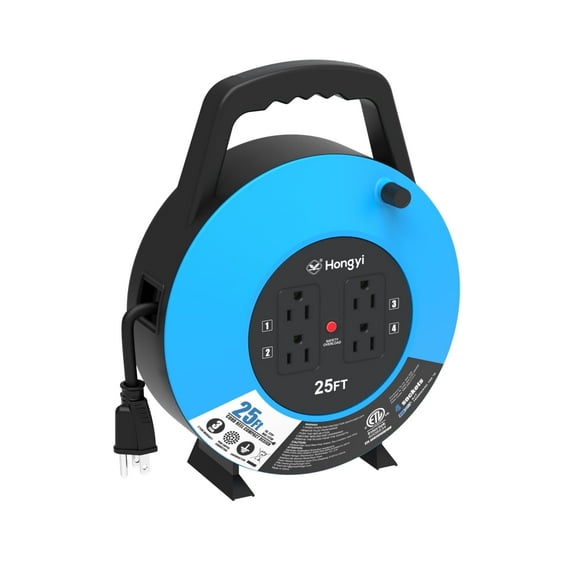 Hongyi Extension Cord Reel with 16AWG x 3C SJT 25ft 4-Outlet,Blue