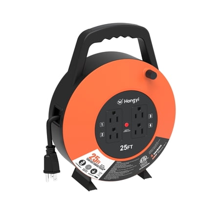 Hongyi 25ft Extension Cord Reel with 4-Outlets, 16AWG x 3C,SJT,Orange