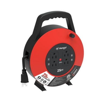 Hongyi 16AWG x 3C 25ft 4-Outlet SJT Extension Cord Reel, Red