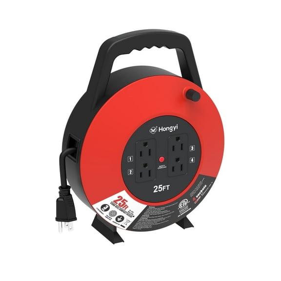 Hongyi 16AWG x 3C 25ft 4-Outlet SJT Extension Cord Reel, Red