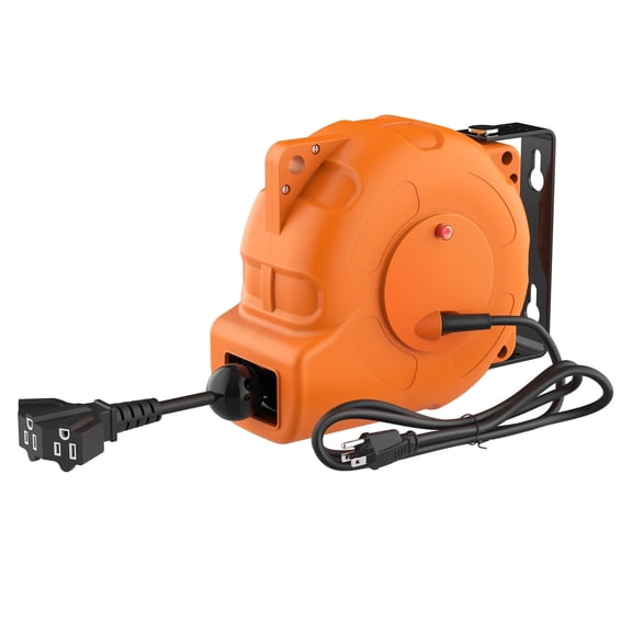 Hongyi Auto-Retractable Extension Cord Reel, 35ft Heavy Duty Cable Reel, Wall-Mounted, 14AWG/3C SJTW, 180° Swivel Bracket, Orange