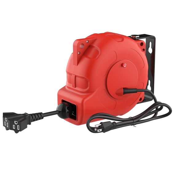 Hongyi Auto-Retractable Extension Cord Reel, 35ft Heavy Duty Cable Reel, Wall-Mounted, 14AWG/3C SJTW, 180° Swivel Bracket, Red