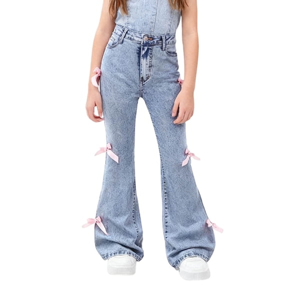 Honhmin Flare Denim Pants for Girls, Casual Lightweight Soft Bowknot Bottoms with Pockets Blue Size 8-9 T