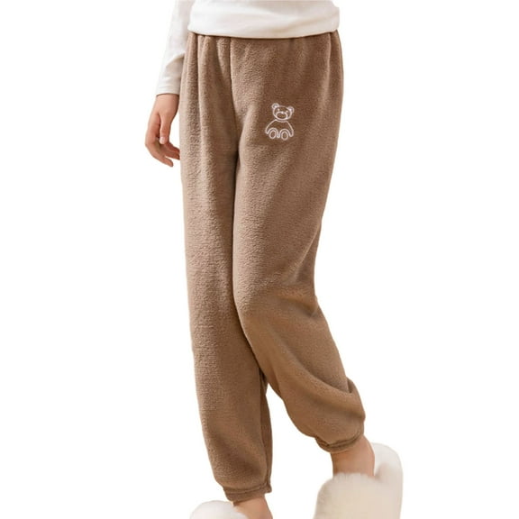 Honhmin Fleece Pants for Girls, Soft Elastic Waist Winter Thermal Loungewear Pants Coffee Size 2-3 T