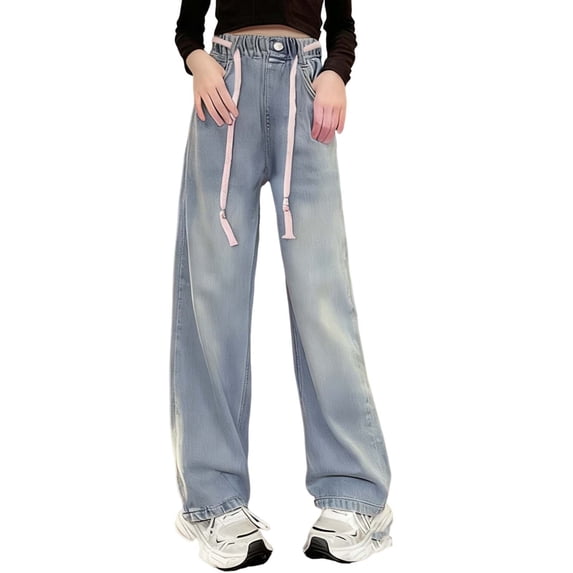 Honhmin Girls Denim Pants, Casual Loose Fit Embroidered Wide-leg Bottoms for Girls Blue Size 12-13 T