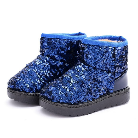 Honhmin Girls Snow Boots, Thermal Winter Princess Non-Slip Sequins Ankle Boots for Girls Blue Size 1 (Big Kids)