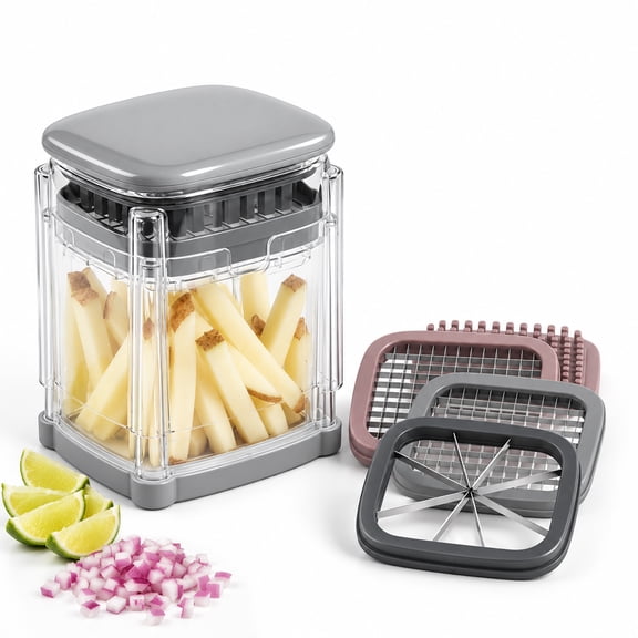 Honhorrs French Fry Cutter for Potatoes, 4-in-1 Potato Cutter with Interchangeable Stainless Steel Blades, Manual Vegetable Chopper for Potatoes Carrots Cucumbers Zucchini Pepper
