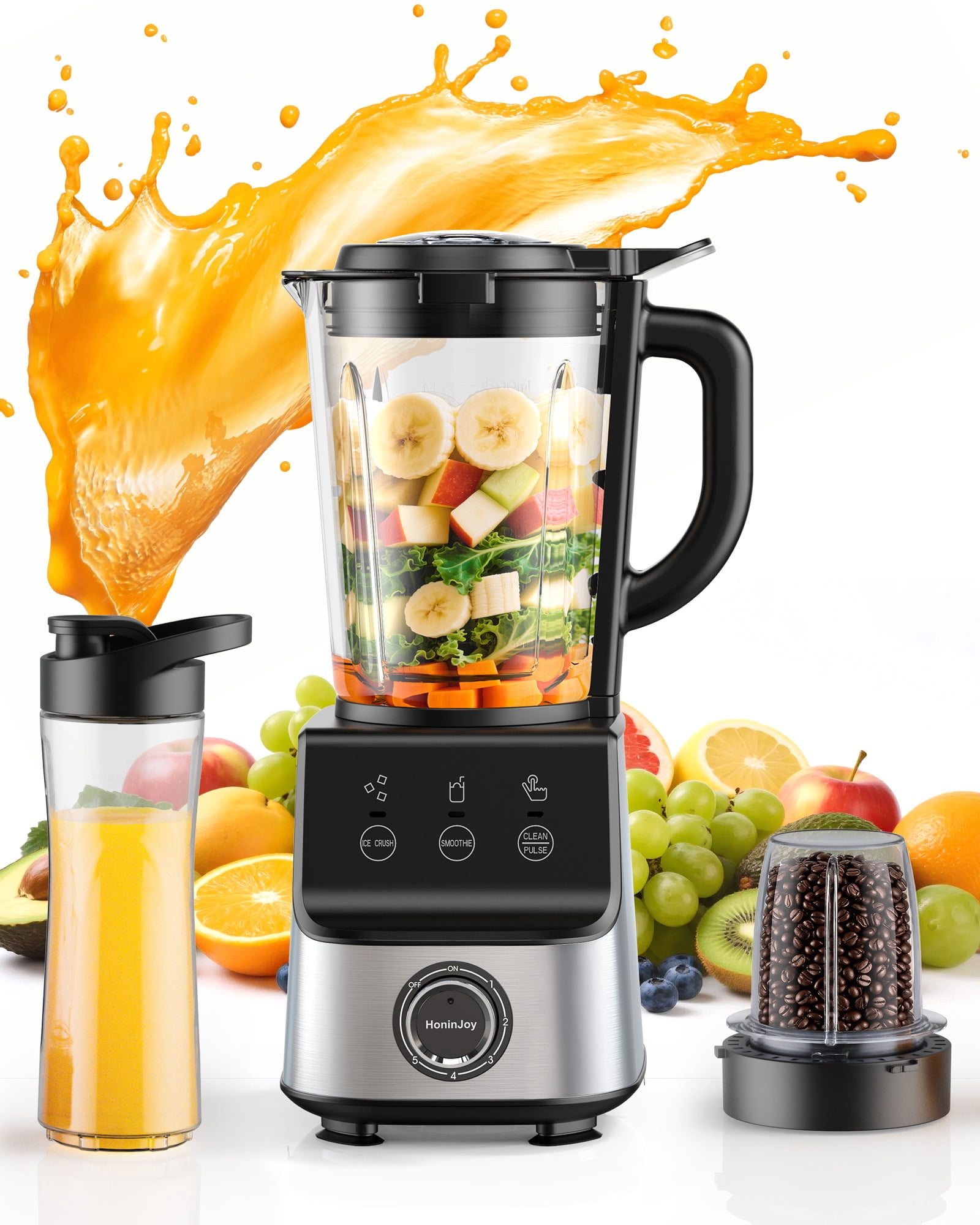 Open Box HoninJoy Kitchen Smoothies Blender, 51 Oz Large Capacity 5 Speeds, Electric Blender With Travel Jar, Grinder, Blender for Fruits, Ice, Coffee Bean