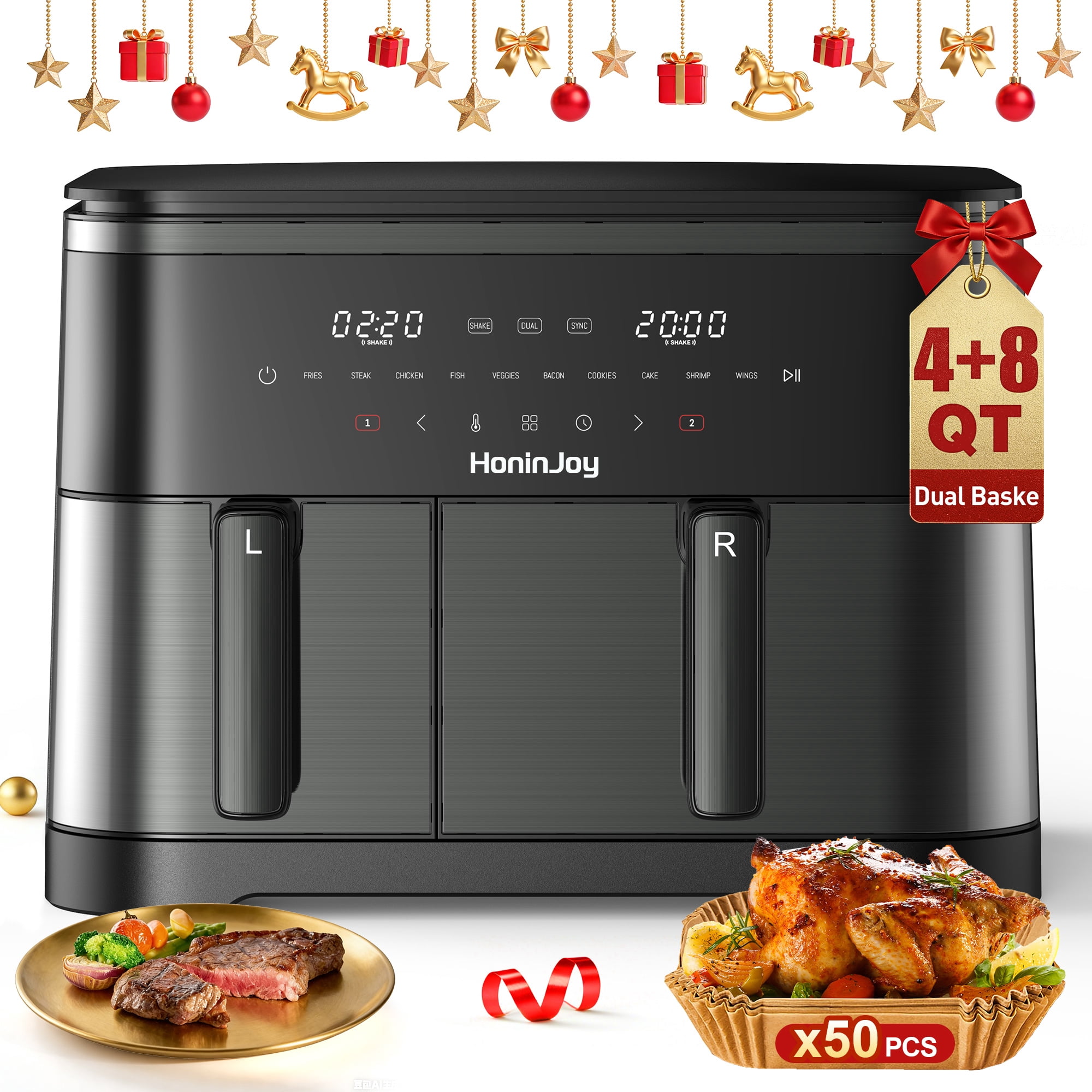 HoninJoy Large Double Air Fryer, 10-in-1 Independent  4+8 QT Baskets Air Fryer with LED Touch Screen (Air Fryer Liner Inclued)