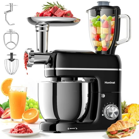 Honinst 7-IN-1 Multifunctional Stand Mixer, 6.5 QT 8-Speed Tilt-Head Kitchen Mixer, Electric Food Mixer with Meat Grinder, Juice Blender, Dough Hook, Beater, Whisk, Bowl for Most Home Cooks