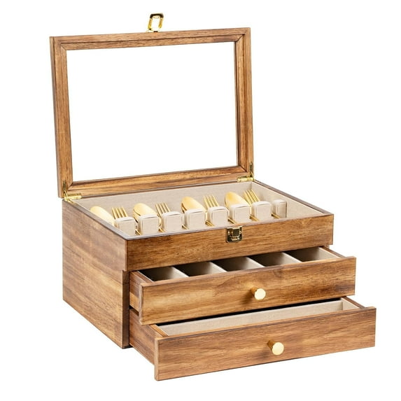 Honiway 3-Layer Fine Silverware Box with Glass Lid & Drawer, Luxury Style Decor Flatware Storage Case for Home & Restaurant (Torched Wood)
