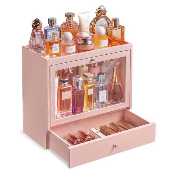 Honiway Cologne Organizer for Men, Large Capacity Dustproof Cologne Holder with Drawer Storage Perfume Stand Organizer (Pink)