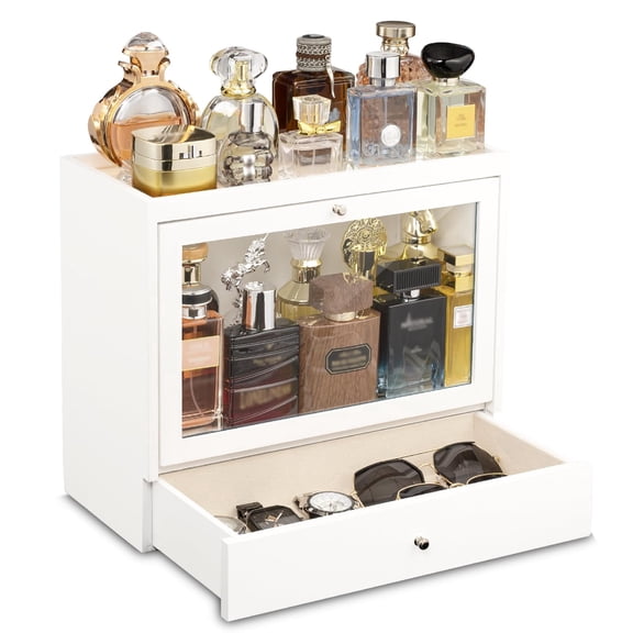 Honiway Cologne Organizer for Men, Large Capacity Dustproof Cologne Holder with Drawer Storage Perfume Stand Organizer (White)