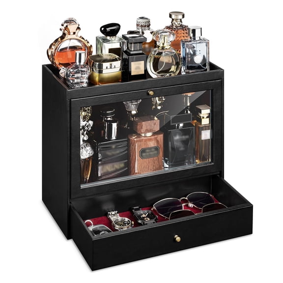 Honiway Leather Perfumes Organizer, Large Capacity Dustproof Cologne Holder with Drawer Storage Perfume Stand Organizer