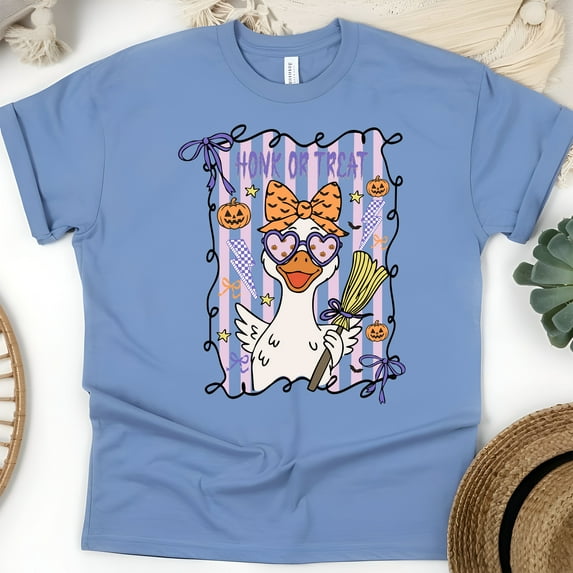 Honk or Treat Goose T-Shirt | Funny Goose with Bow and Glasses Tee, CarolinaBlue, Size XL