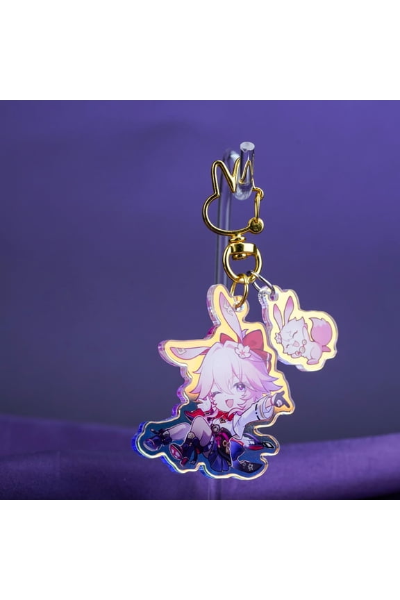 Honkai Star Rail Evanescia Holographic Keychain, Double Charm with Mini Rabbit Gold Rabbit Clasp Acrylic Keyring, Cute Chibi Game Merch