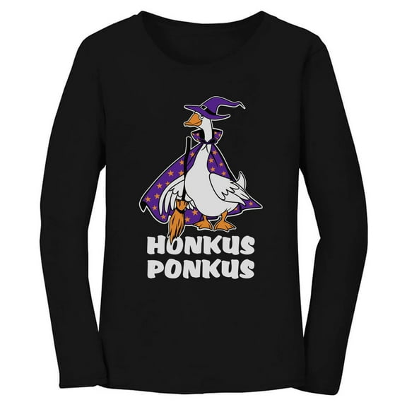 Honkus Ponkus Goose Funny Halloween Costume Witch Hat Women Long Sleeve T-Shirt Large Black