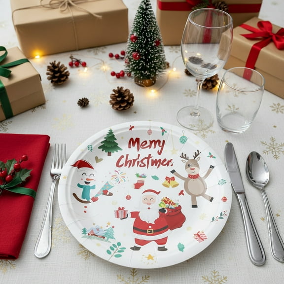 Honmine 10-Piece Christmas Paper Plates Set, Santa Claus Reindeer Snowman Disposable Tableware, Winter Themed Party Supplies for Holiday Gathering, Celebration