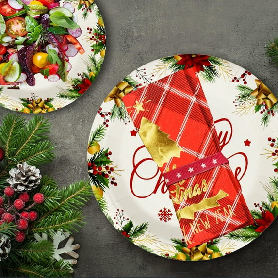 Honmine 10PCS Christmas Oval Paper Plates, holiday Serving Plates Poinsettia Disposable Party Traysfor Merry Christmas Supplies Holiday Picnic Dinner Party Tableware