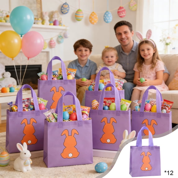 Honmine 12-Piece Easter Gift Bags Set, Rabbit Pattern Holiday Decorative Bags, Available in 6 Colors, Spring Party Favor Bags