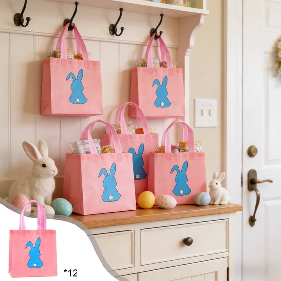 Honmine 12-Piece Easter Gift Bags Set, Rabbit Pattern Holiday Decorative Bags, Available in 6 Colors, Spring Party Favor Bags