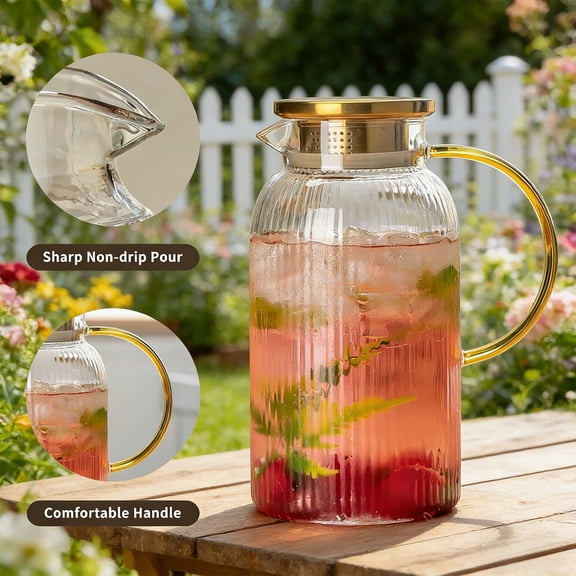 Honmine 2.1 Quart Large Capacity Glass Kettle, Summer Refrigerator Glass Pitcher with Lid, High Temperature Resistant Cold Water Cup Teapot, 68oz