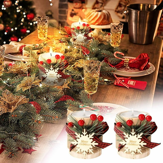 Honmine 2 Sets Christmas Wood Tealight Candle Holder and Tea Lights Candles Set Decorative for Table Centerpiece Xmas Tealight Candles Bulk Candleholders Decor Gift