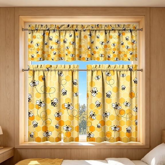Honmine 2D Printed Kitchen Curtain Short Panels, Faux Linen Look Window Curtain for Kitchen, Easy Care Tier Curtain for Porch, Sunroom, Workshop