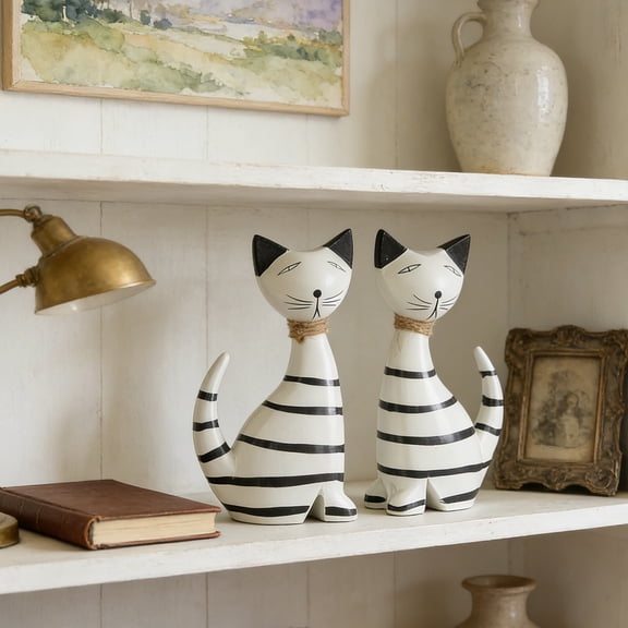 Honmine 2pcs Wooden Cats Table Ornament, Shelf Sitter Animal Decor for Home Office, Living Room Bedroom Table Decorations, Simple Style Figurine Set