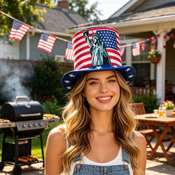 Honmine 4th Of July Patriotic Top Hat, Flag Uncle Sam Style Top Hat With Statue Of Liberty Print, Party Accessory For Adults, Parade, BBQ, Picnic