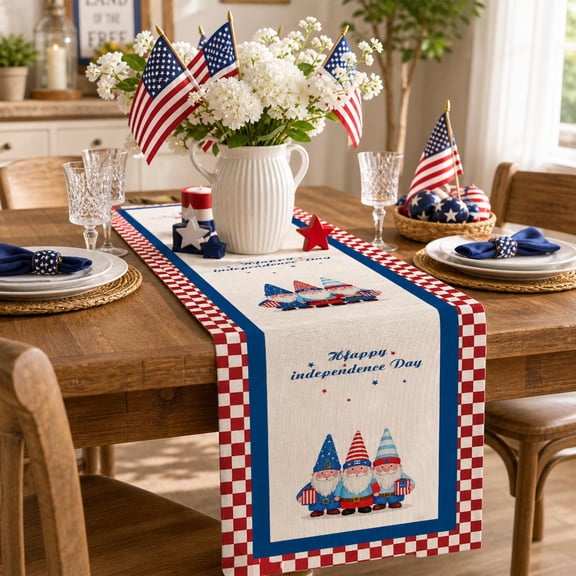 Honmine 4th of July Table Runners, Red White Blue Linen Runner for Independence Day, Patriotic Decorative Tablecloth for Dining Table, Buffet, Party