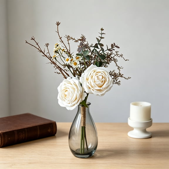 Honmine 6 Color Artificial Rose Small Handtied Bouquet, Dried Branch Faux Flower Arrangement, for Wedding Home Table Centerpiece Boho Decorative Floral Decor