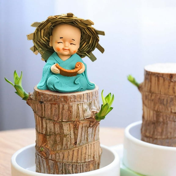 Honmine Aquatic Wood Decor, Green Potted Little Monk Figure with Serene Design, Zen Inspired Ornament for Home Display, Office Accent, Meditation Space Enhancement