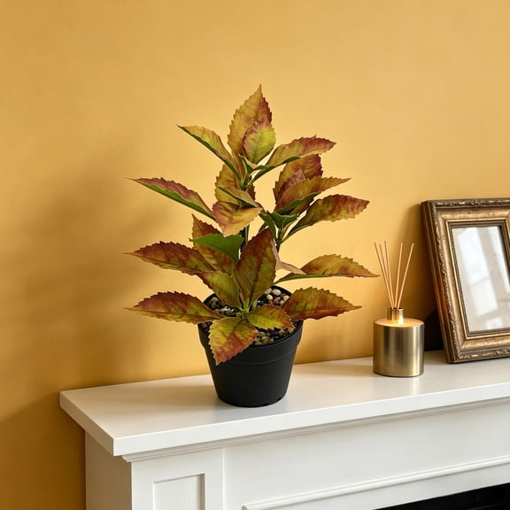 Honmine Artificial Leaf Potted Plant, Faux Variegated Green Plant for Home Living Room, Tabletop Decoration for Office, Shelf, Wedding, Landscaping Project