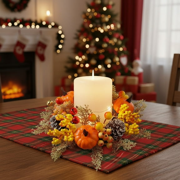 Honmine Artificial Pumpkins and Berries Pine Cone Candle Rings Fall Candle Holders Small Wreath 3" Center for Farmhouse Thanksgiving Halloween Centerpiece Table Decor