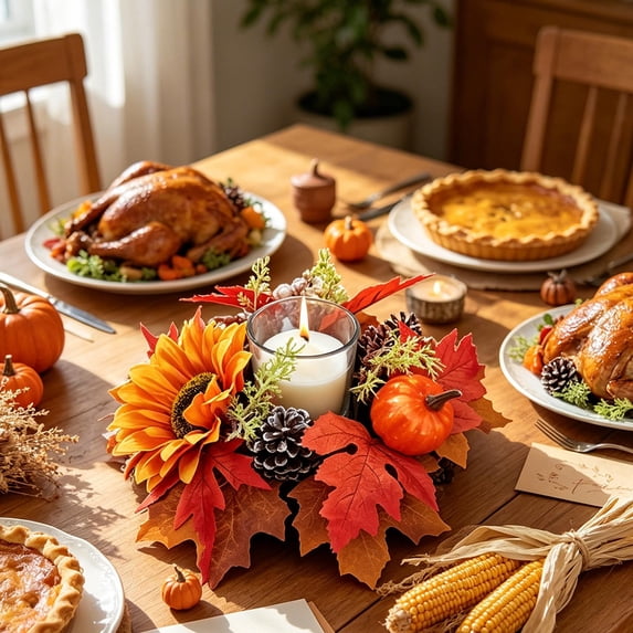 Honmine Autumn Pumpkin Candlestick Wreath, Simulation Maple Pinecone Tabletop Centerpiece, Fall Harvest Decor for Mantel, Shelf, Dining Table