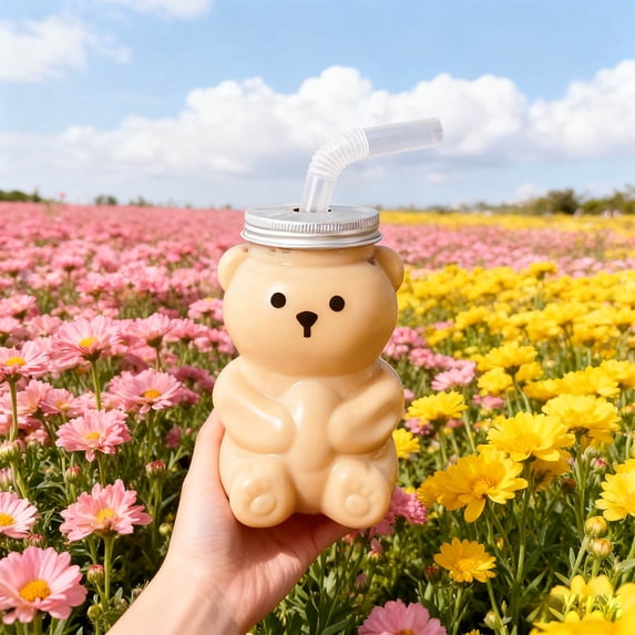 Honmine Bear Pattern Milk Tea Cup, Disposable Plastic Drinking Cup with Lid, Cute Design Beverage Container for Parties, Events, Social Gatherings