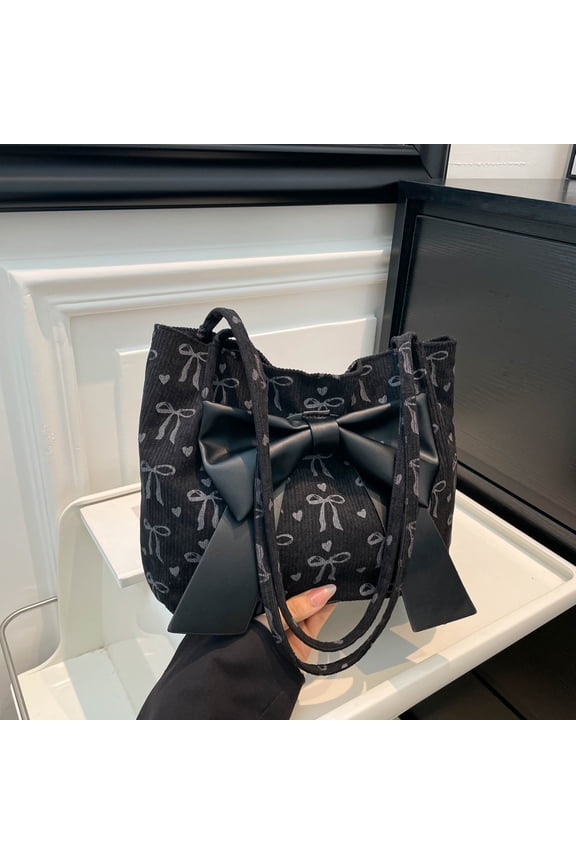 Bow Purse Corduroy Bow Tote Bag Cute Shoulder Bag with Bowknot Heart Printed Handbag Trendy Gift for Women