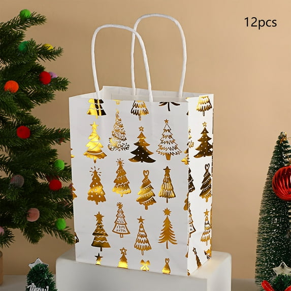 Honmine Christmas Gift Bags Santa Claus, White Gold Snowflake Printed Tote, Holiday Party Candy Packaging, 12pcs Paper Bags for Seasonal Gifts