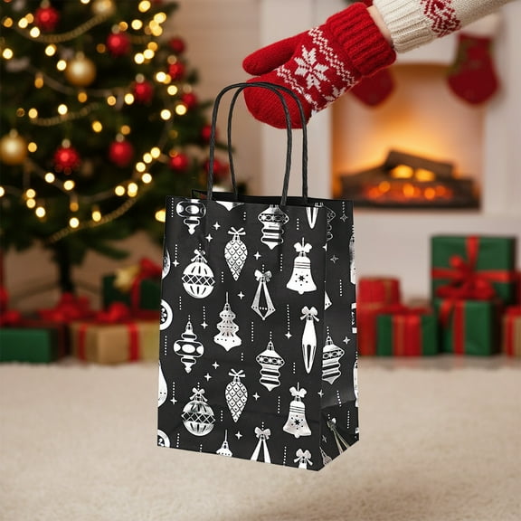 Honmine Christmas Gift Bags with Santa, Black Silver Snowflake Design Tote, Holiday Party Candy Packaging, 12pcs Paper Bags for Presents