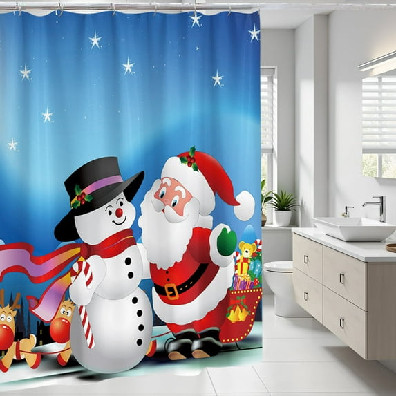 Honmine Christmas Santa Snowman Xmas Shower Curtain for Bathroom, Polyester Shower Curtain Set Of Four Pieces Absorbent Mat, Santa Claus Winter Holiday Decoration