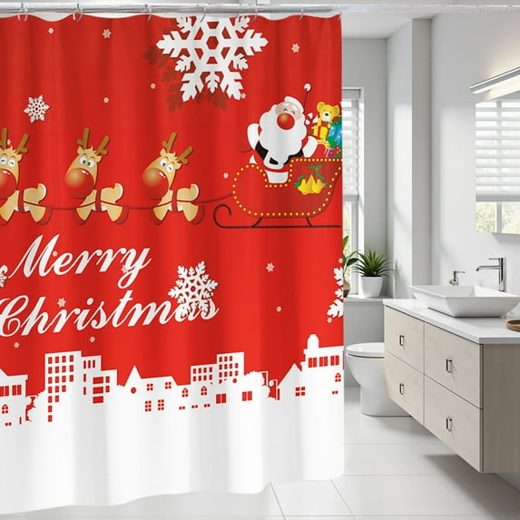 Honmine Christmas Santa Snowman Xmas Shower Curtain for Bathroom, Polyester Shower Curtain Set Of Four Pieces Absorbent Mat, Santa Claus Winter Holiday Decoration