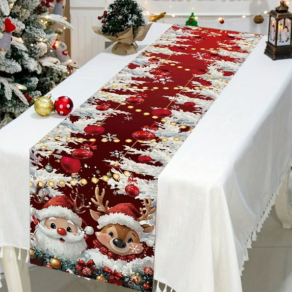 Honmine Christmas Tablecloth with Holiday Patterns, Festive Dining Table Cover for Decoration, Long 72.74 Inch Table Cloth for Party, Home, Event