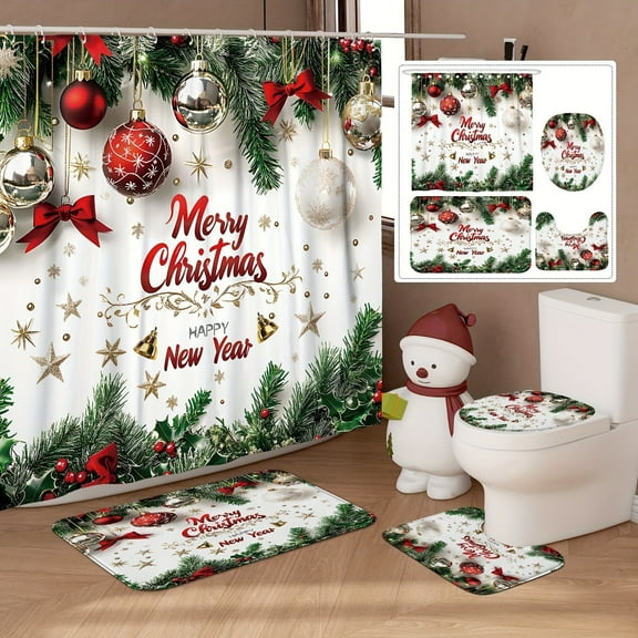 Honmine Christmas Themed Bathroom Mat Set, 4 Piece Non-Slip Bathroom Ensemble with Pines Branch Design, U Shaped Mat and Shower Curtain Cover for Holiday Decor