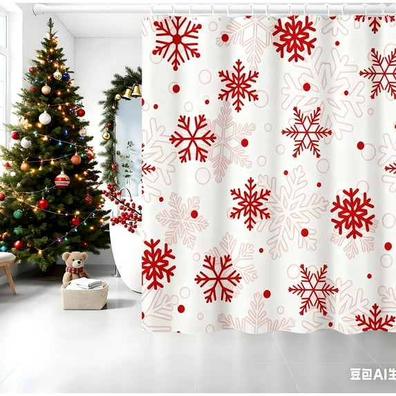 Honmine Colorful Christmas Snowflake Bath Curtain, Fabric Shower Curtain with 12 Hooks, No Drill Installation for Bathroom, Holiday Themed Decor