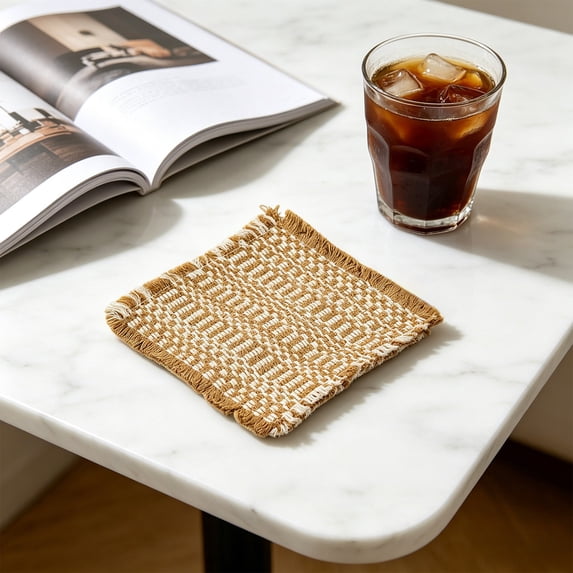 Honmine Cottons Woven Coaster with Tassels, Checkered Absorbent Drink Coaster, Square Fabric Heat Insulation Mat for Coffee Tea Cups, Desk