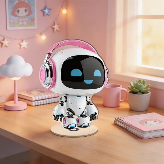 Honmine Cute Robot Figurine with Headphones, Spinning Decorative Statue for Desk, Whimsical Tech Desk Toy for Home Office Shelf Display