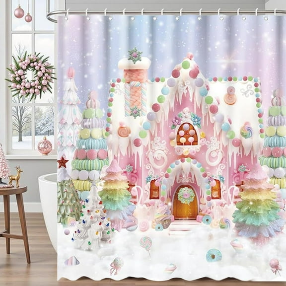 Honmine Dream Christmas Candy House Bath Curtain, Macaron Christmas Tree Pattern Fabric, No Drill Installation with Hooks, Holiday Bathroom Decor