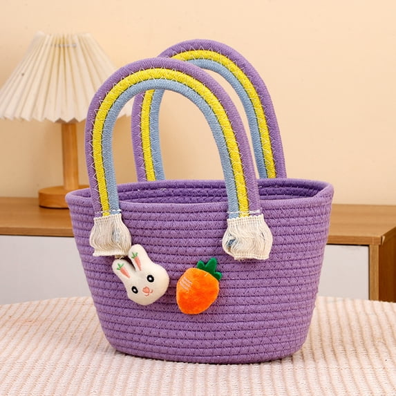 Honmine Easter Bunny Basket with Handle, Woven Rope Storage Tote for Candy Eggs, Decorative Spring Centerpiece for Indoor Outdoors, Picnic Party Favor Container