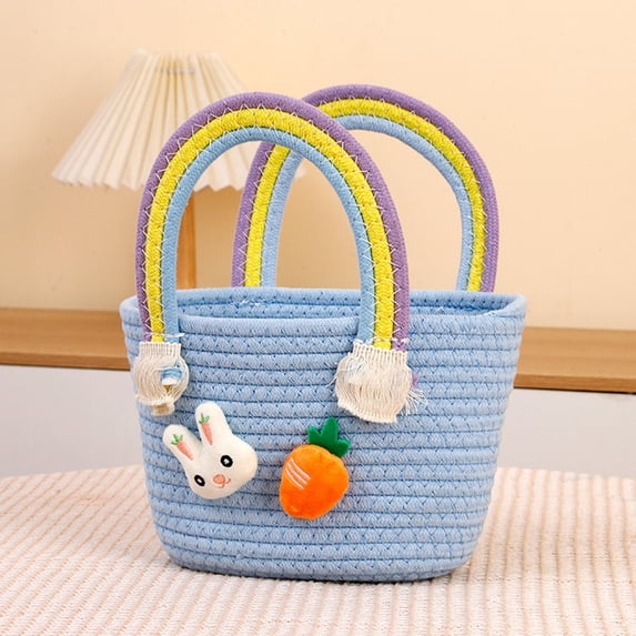 Honmine Easter Bunny Basket with Handle, Woven Rope Storage Tote for Candy Eggs, Decorative Spring Centerpiece for Indoor Outdoors, Picnic Party Favor Container